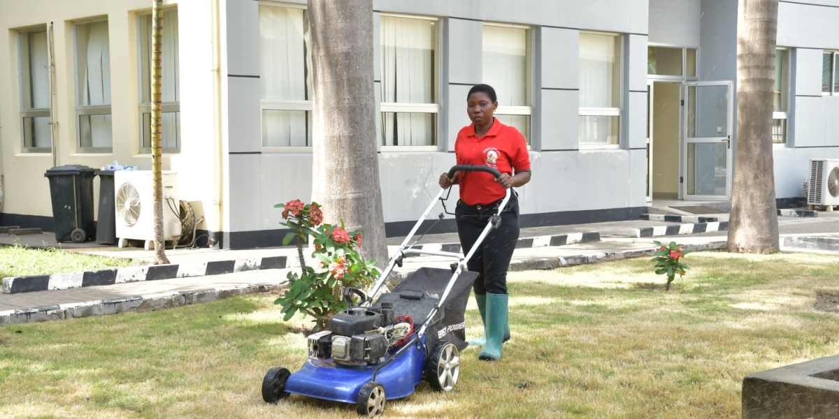 Gardener trimming the grass at the KICTC Compound