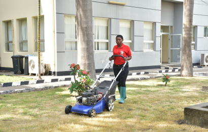 Gardener trimming the grass at the KICTC Compound